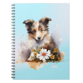 Cuaderno Cachorro de perro pastor de Shetland Acuarela Flor