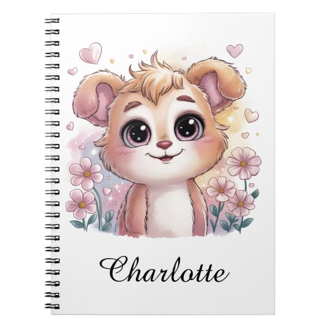Cuaderno Cachorro Kawaii con Flores de Primavera y Corazone (Frente)