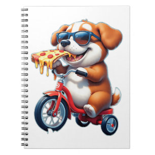 Cuaderno cachorro montando una bicicleta comiendo pizza