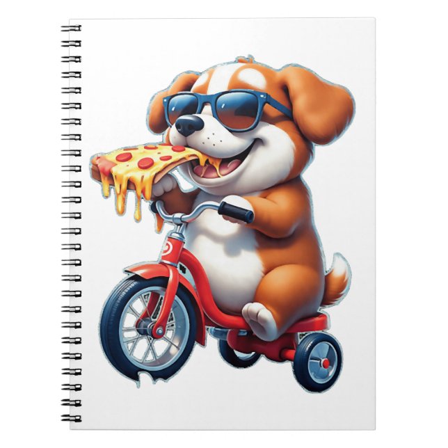 Cuaderno cachorro montando una bicicleta comiendo pizza (Frente)