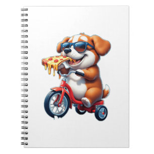 Cuaderno cachorro montando una bicicleta comiendo pizza