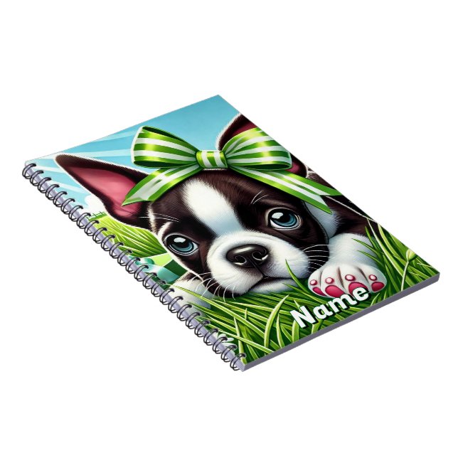 Cuaderno Cachorro personalizado de Boston Terrier con lazo  (Lado Derecho)