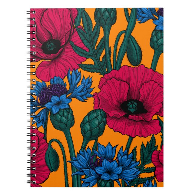 Cuaderno Cachorros rojos y flores azules en naranja (Frente)