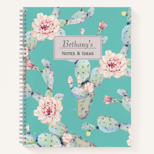 Cuaderno Cactus acuarela con flores personalizadas modernas (Anverso)