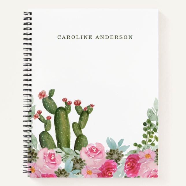 Cuaderno Cactus acuarela y flores rosadas personalizadas  (Anverso)