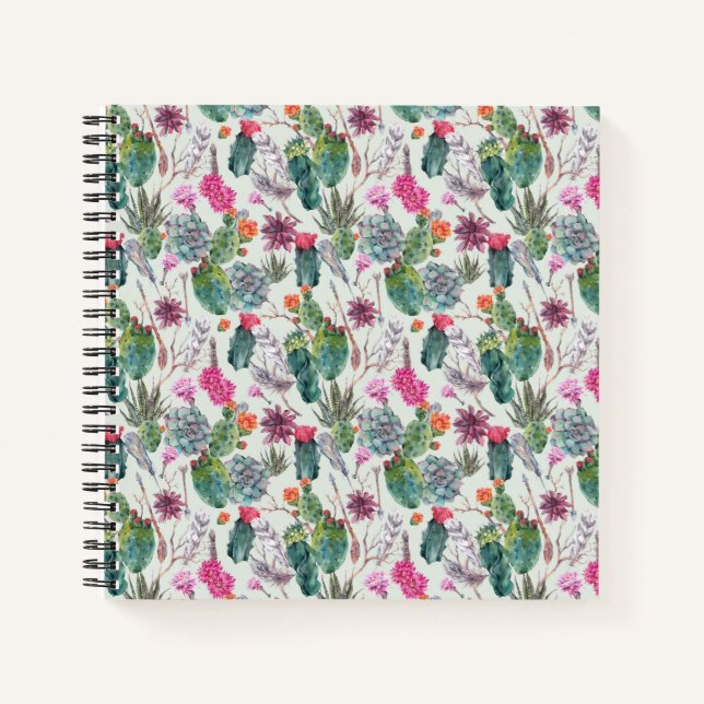 Cuaderno Cactus de acuarela Boho exótico y patrón suculento (Anverso)