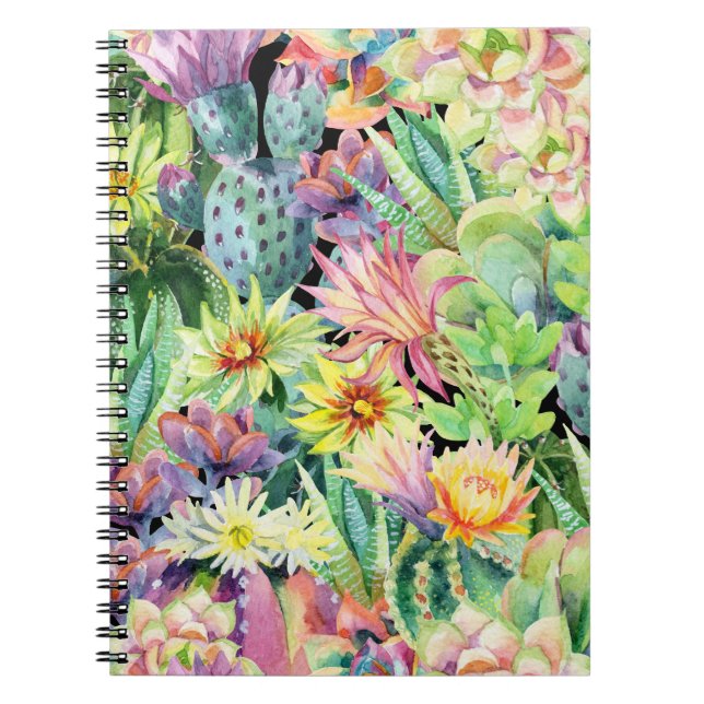 Cuaderno Cactus floreciente, acuarela patrón sin fisuras. (Frente)