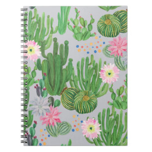 Cuaderno Cactus y flores, pintura acuarela sin costura.