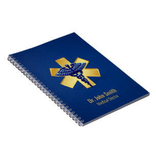 Cuaderno Caduceo Cruz Dorada Médica 3D Azul