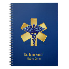 Cuaderno Caduceo Cruz Dorada Médica 3D Azul