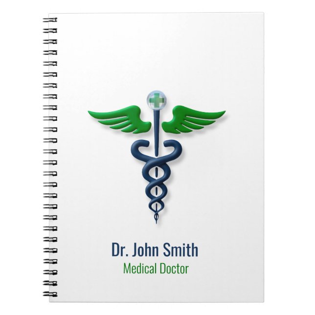 Cuaderno Caduceo médico elegante verde alas cruz azul (Frente)
