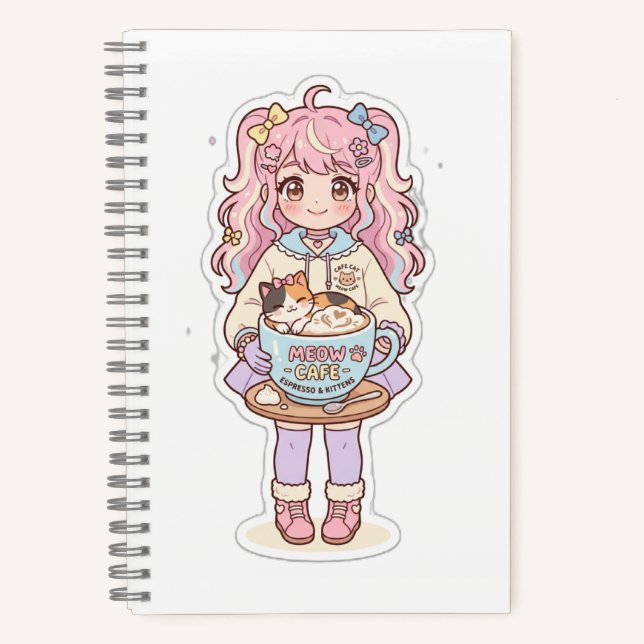 Cuaderno Cafe Kawaii Neko Anime Chica Chibi (Anverso)