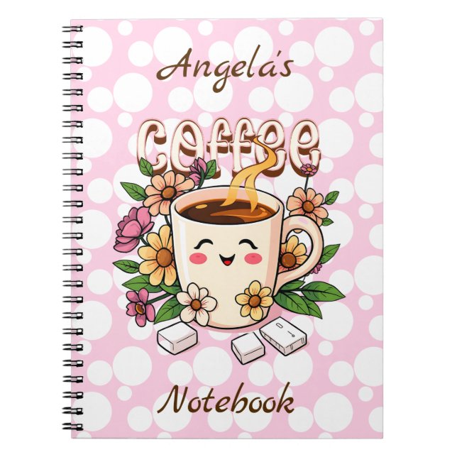 Cuaderno Café Kawaii retro y flores personalizadas (Frente)