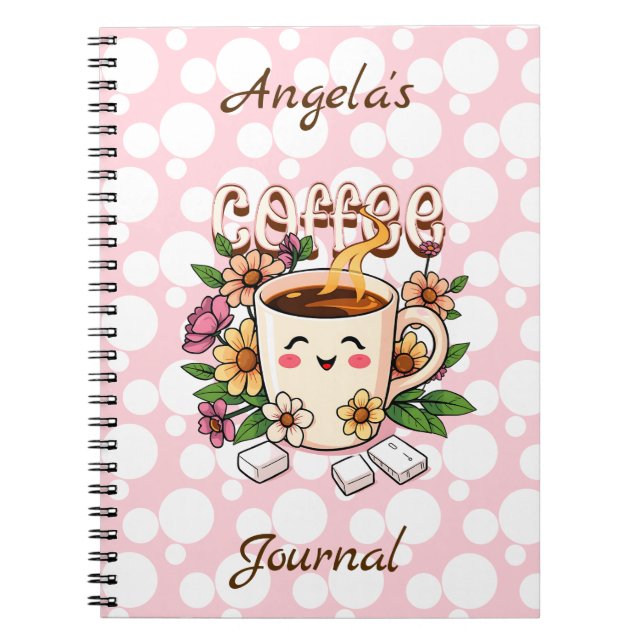 Cuaderno Café Kawaii retro y flores personalizadas (Frente)