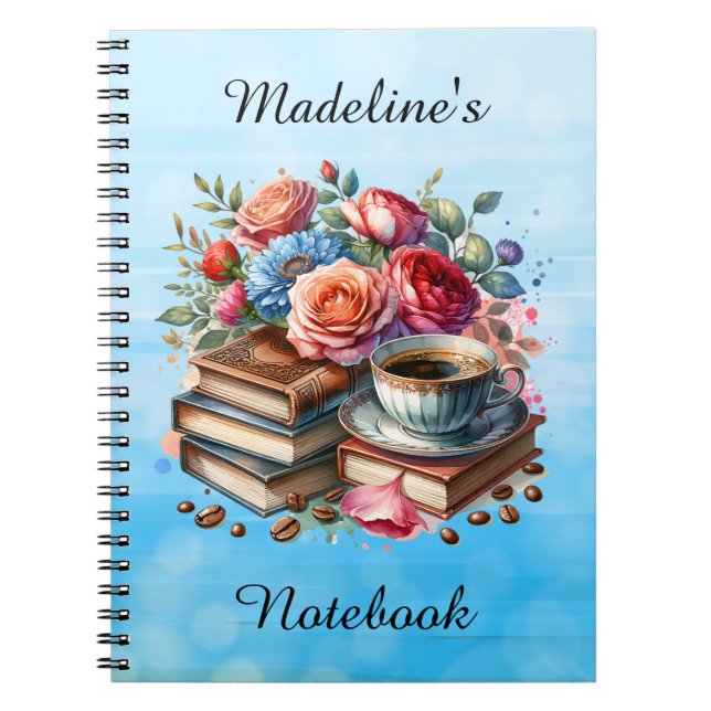 Cuaderno Café, libros y flores de época personalizado (Frente)