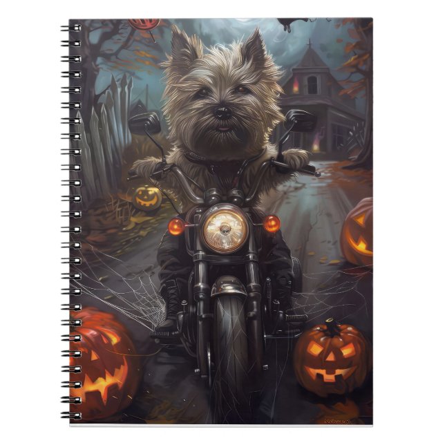 Cuaderno Cairn Terrier montando motocicleta Halloween aterr (Frente)