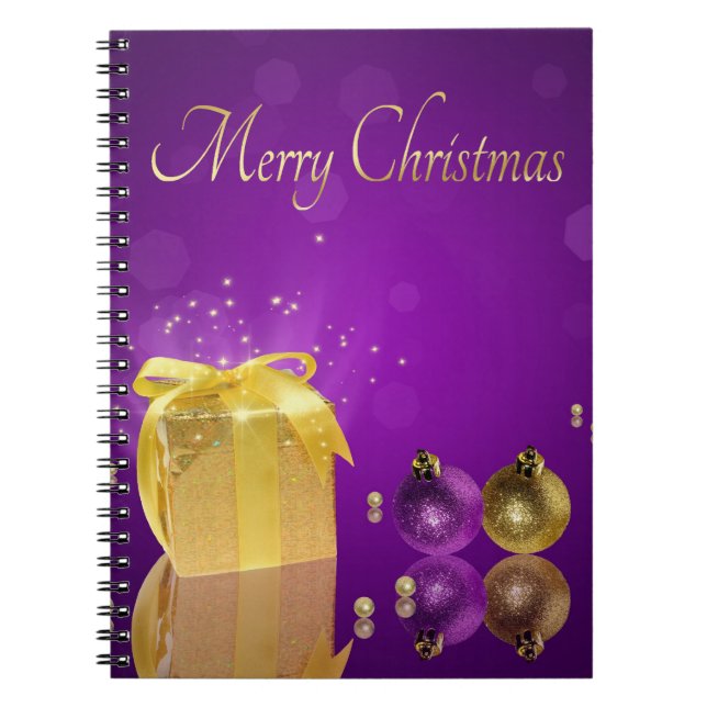 Cuaderno Caja de regalo de Navidad dorada sobre lavanda púr (Frente)