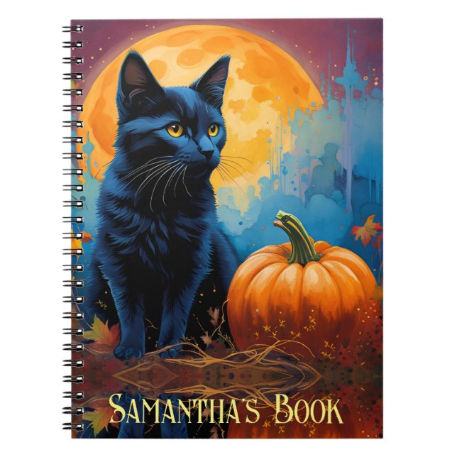 Cuaderno Calabaza de gatito negro de hojas de otoño llenas  (Frente)