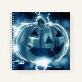 Cuaderno calabaza de Halloween bajo la lluvia