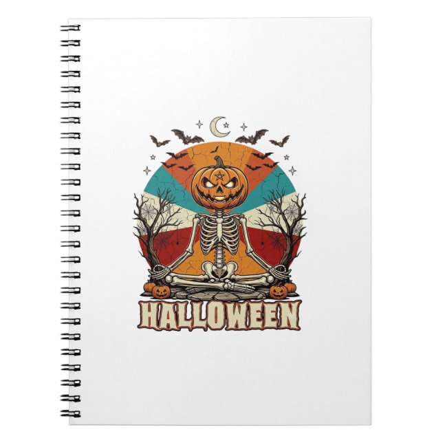 Cuaderno Calabaza Esqueleto Meditando Halloween Retro Sol B (Frente)