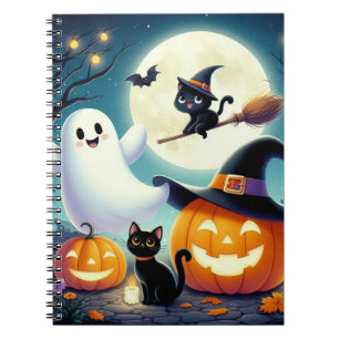 Cuaderno Calabaza, gato y fantasma de Halloween.