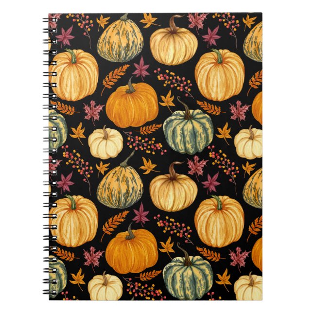 Cuaderno Calabazas acuarelas: Patrón sin foco de otoño. (Frente)