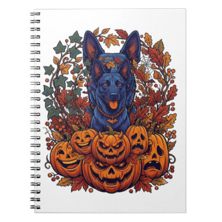 Cuaderno Calabazas de Halloween Pitbull Azul Hojas de Otoño