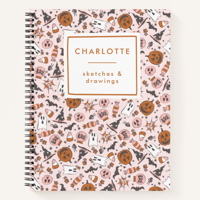 Cuaderno Calabazas Fantasmas de Halloween Rosadas Personali (Anverso)