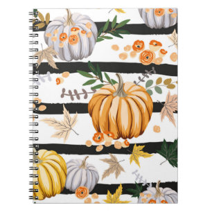 Cuaderno Calabazas naranjas de otoño, flores, hojas, rayas