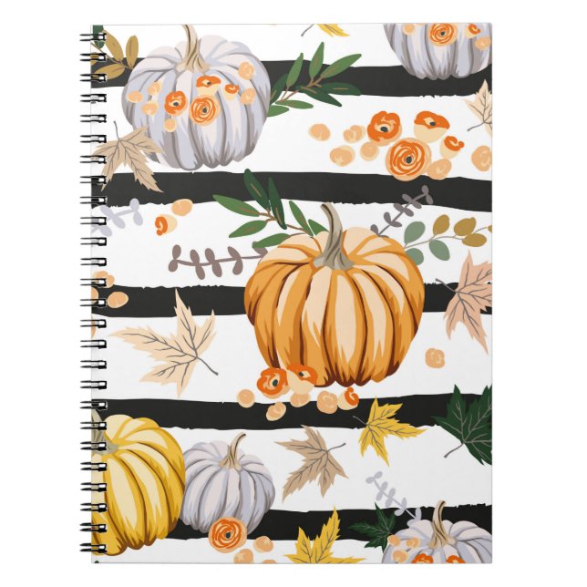 Cuaderno Calabazas naranjas de otoño, flores, hojas, rayas  (Frente)