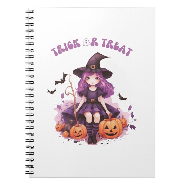 Cuaderno Calabazas y murciélagos de bruja morada de truco o (Frente)