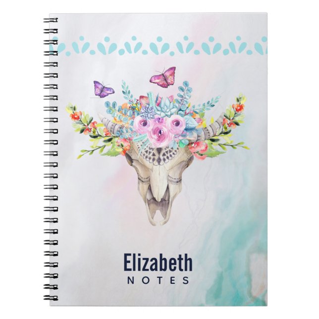 Cuaderno Calavera animal Boho con mariposas y flores (Frente)