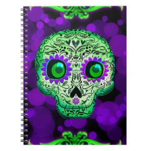 Cuaderno Calavera Azucarada Verde y Morada Brillante de Hal