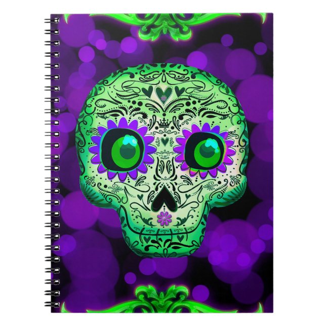 Cuaderno Calavera Azucarada Verde y Morada Brillante de Hal (Frente)