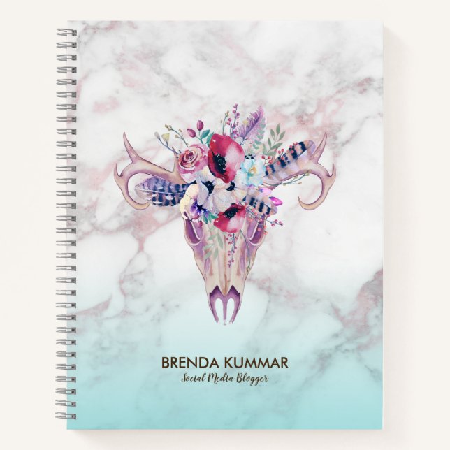 Cuaderno Calavera boho tribal y mármol falso rosa dorado om (Anverso)