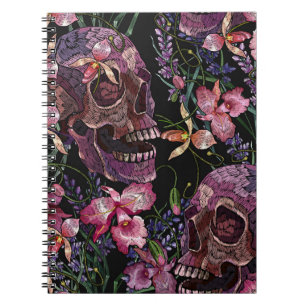 Cuaderno Calavera bordada: Patrón de orquídeas góticas