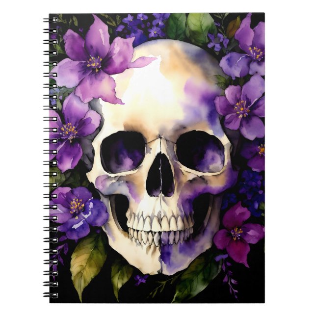 Cuaderno Calavera con flores moradas Gótico acuarela arte (Frente)