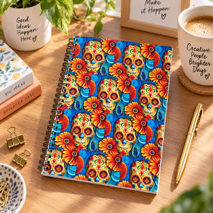 Cuaderno Calavera de azúcar colorida patrón floral Día de M