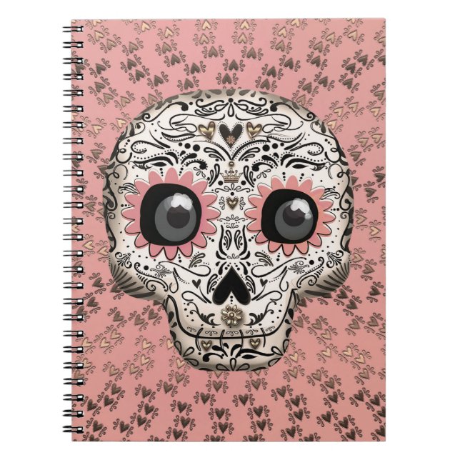 Cuaderno Calavera de azúcar rosa y dorada caprichosa linda (Frente)