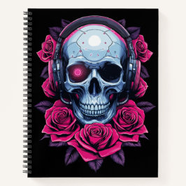 Cuaderno Calavera de cibermuerte en neón y Rosas negros