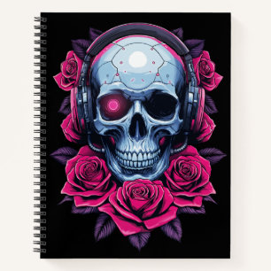 Cuaderno Calavera de cibermuerte en neón y Rosas negros