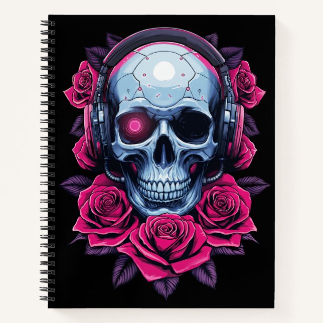 Cuaderno Calavera de cibermuerte en neón y Rosas negros (Anverso)