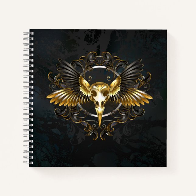 Cuaderno Calavera de pájaro dorado sobre fondo negro (Anverso)