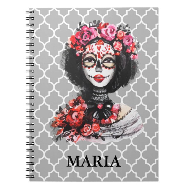Cuaderno Calavera de rosas rosa rojo día de muertos acuarel (Frente)