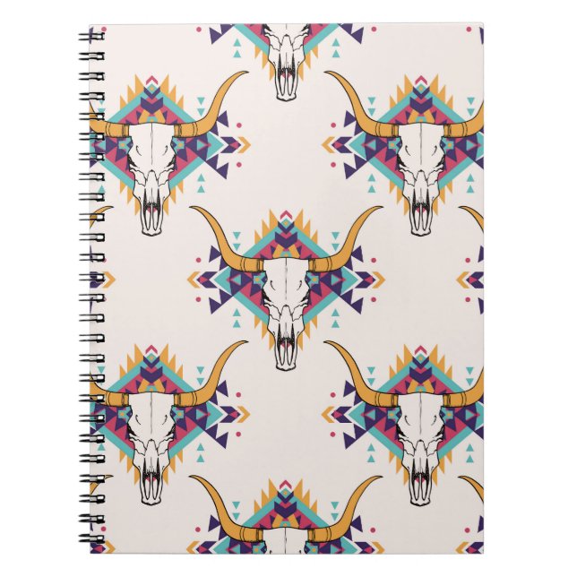 Cuaderno Calavera de toros tribales: Boho Seamless (Frente)