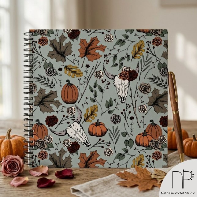 Cuaderno Calavera de vaca de cosecha de otoño occidental (Hand drawn western fall harvest and cow skull ink art notebook for sketching or daily journaling)