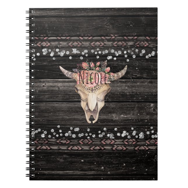 Cuaderno Calavera de Vaca Floral Rústica Boho Chic Glam Paí (Frente)