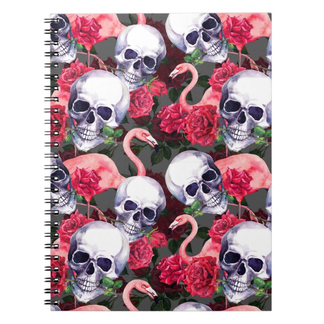 Cuaderno Calavera floral, flamingo sin costuras. (Frente)