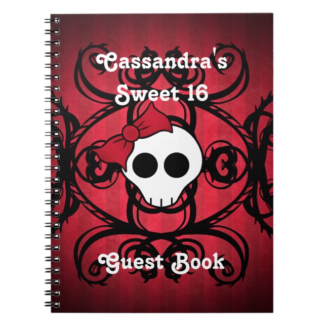 Cuaderno Calavera gótica aguda sobre dulce cuadrado rojo y  (Frente)