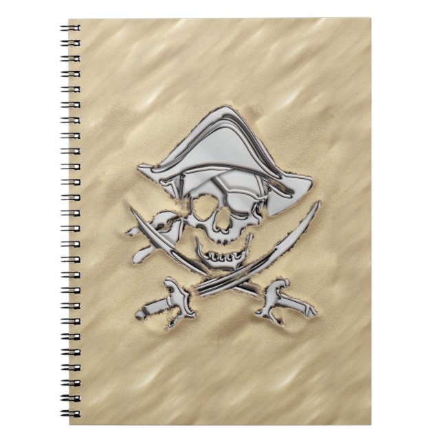 Cuaderno Calavera pirata de plata en la arena (Frente)
